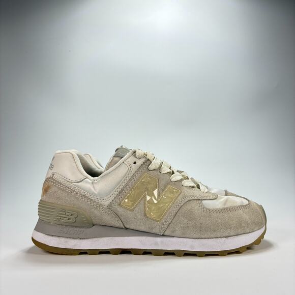 New Balance 574 Off White Beige Suede Athletic Running Shoes Women's Size 6 - Picture 1 of 12